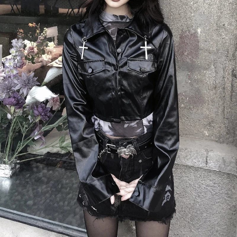 Women's Punk Cross Faux Leather Short Jacket