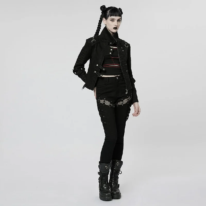 Women's Punk Stand Collar Nailed Distressed Coat