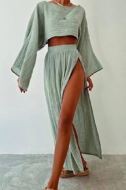 boho-beach-linen-blend-wide-sleeve-blouse-and-elastic-waist-double-slit-skirt-set