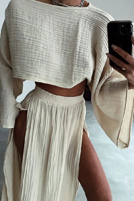 boho-beach-linen-blend-wide-sleeve-blouse-and-elastic-waist-double-slit-skirt-set