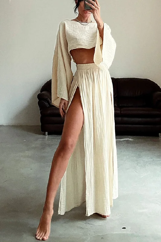 boho-beach-linen-blend-wide-sleeve-blouse-and-elastic-waist-double-slit-skirt-set