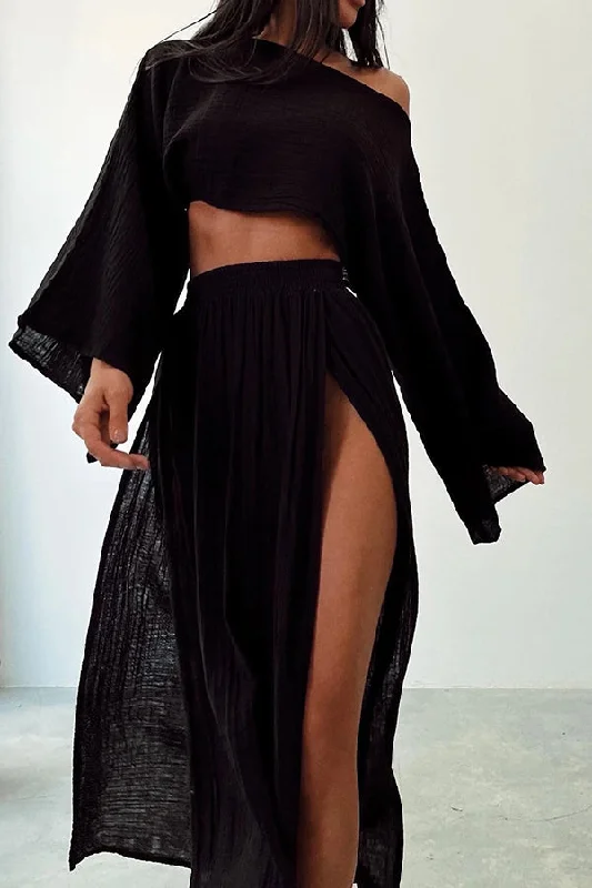 boho-beach-linen-blend-wide-sleeve-blouse-and-elastic-waist-double-slit-skirt-set