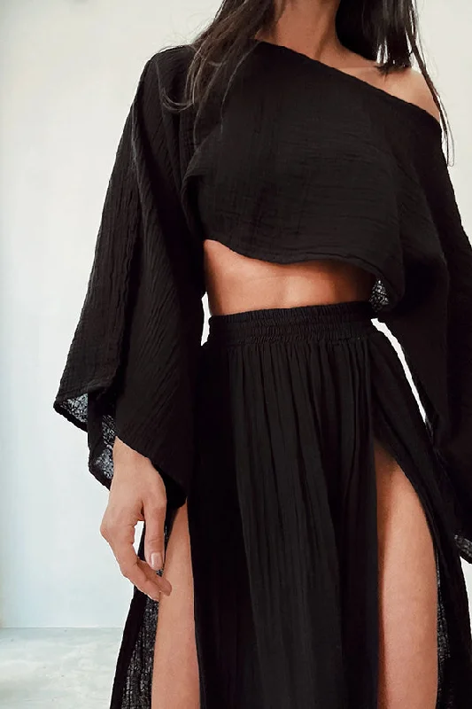 boho-beach-linen-blend-wide-sleeve-blouse-and-elastic-waist-double-slit-skirt-set