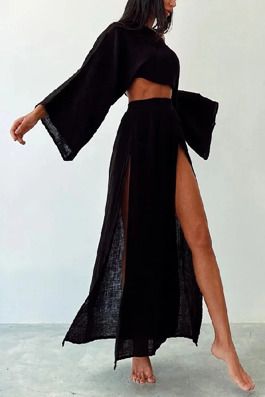 boho-beach-linen-blend-wide-sleeve-blouse-and-elastic-waist-double-slit-skirt-set