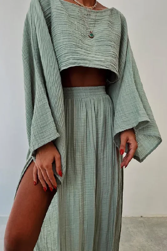 boho-beach-linen-blend-wide-sleeve-blouse-and-elastic-waist-double-slit-skirt-set