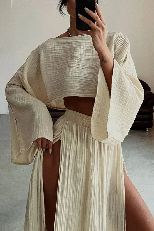 boho-beach-linen-blend-wide-sleeve-blouse-and-elastic-waist-double-slit-skirt-set