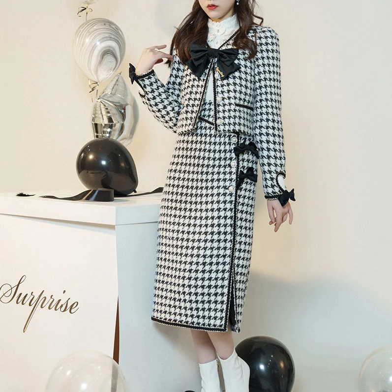 Black and white houndstooth ribbon jacket and skirt