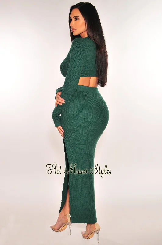 emerald-ribbed-knit-long-sleeve-slit-skirt-two-piece-set