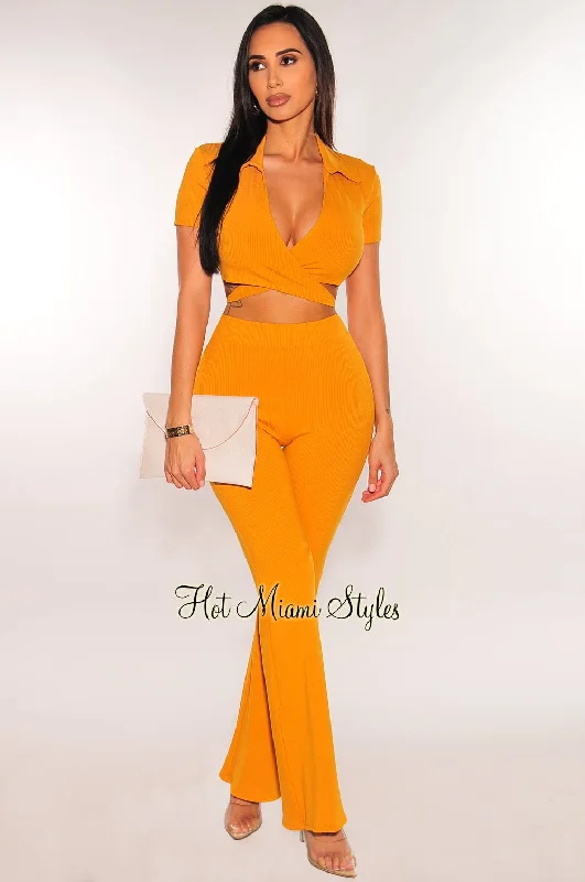 Honey Ribbed Collared Wrap Crop Top Palazzo Pants Two Piece Set