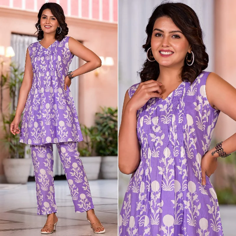 Lavender Floral Printed Pure Cotton A-Line Co-Ord Set