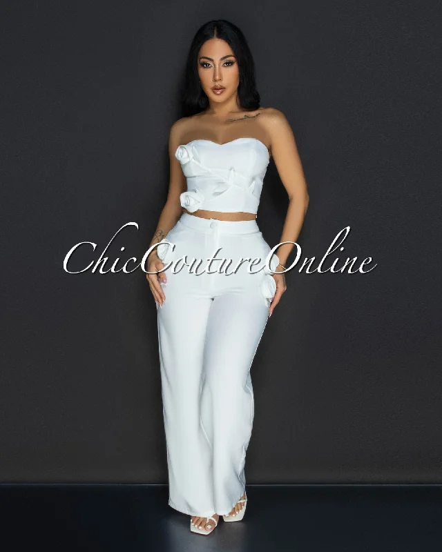 Paolina White Flower Accent Top & Pants Set