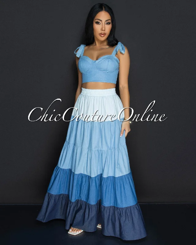 Aveline Denim Bustier & Maxi Ruffle Skirt Set