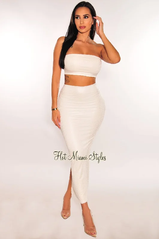 White Latex Snake Bandeau Skirt Two Piece Set