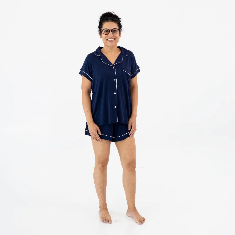 Women’s Short Sleeve Pajama Set in Navy with Cloud Trim