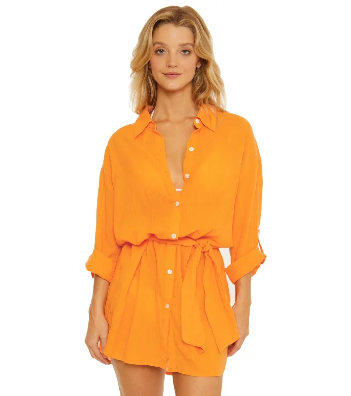 Becca Swim Women's Gauzy Button Front Cover Up Shirt Dress Orange Burst