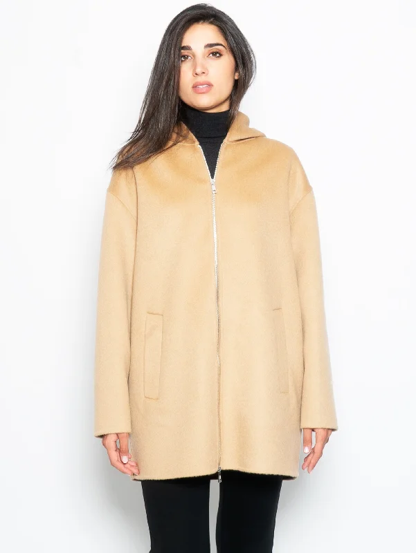 Cappotto con Zip in Panno di Lana Beige