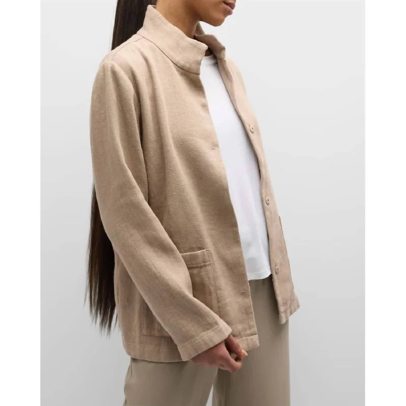 Stand Collar Snap Front Jacket In Wheat