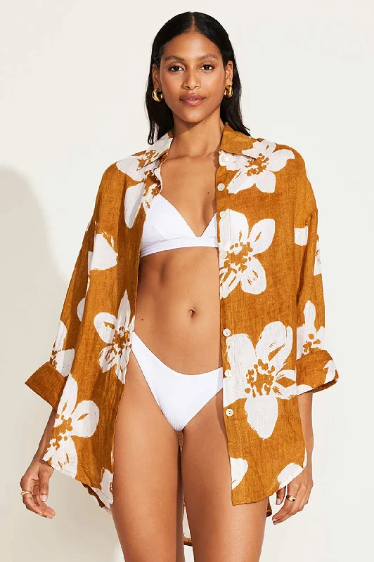 Playa Linen Boyfriend Shirt - Saffron Bloom EcoLinen