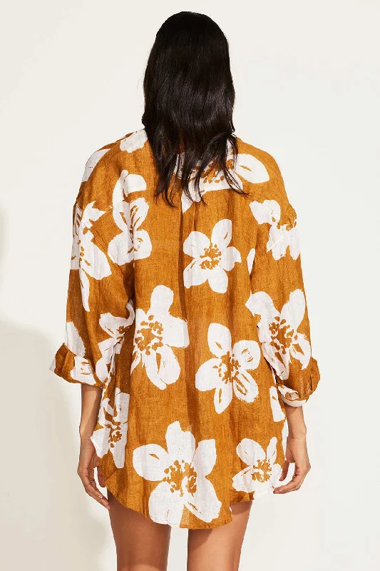 Playa Linen Boyfriend Shirt - Saffron Bloom EcoLinen