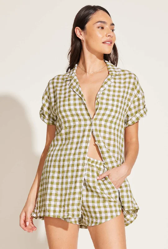 Playa Pocket Blouse - Avocado Gingham EcoLinen