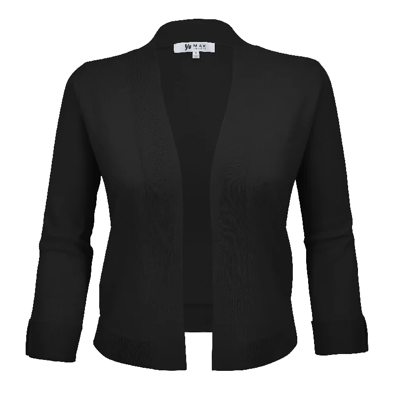 YEMAK Women's Classic 3/4 Sleeve Open Front Cropped Bolero Cardigan MK3558 (S-L)