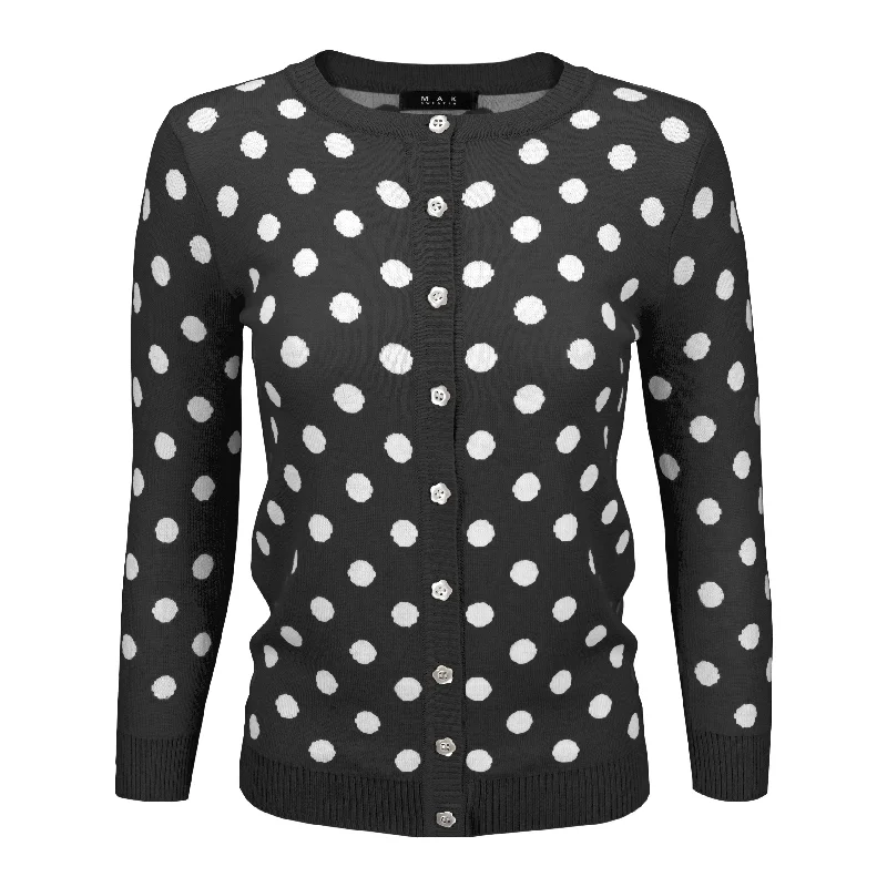 YEMAK Women's Polka Dot Cute Jacquard Crewneck Button Down Sweater Cardigan MK3104