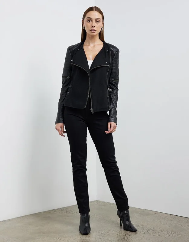 Greenwich St Motor Jacket in Black Wool & Black Leather