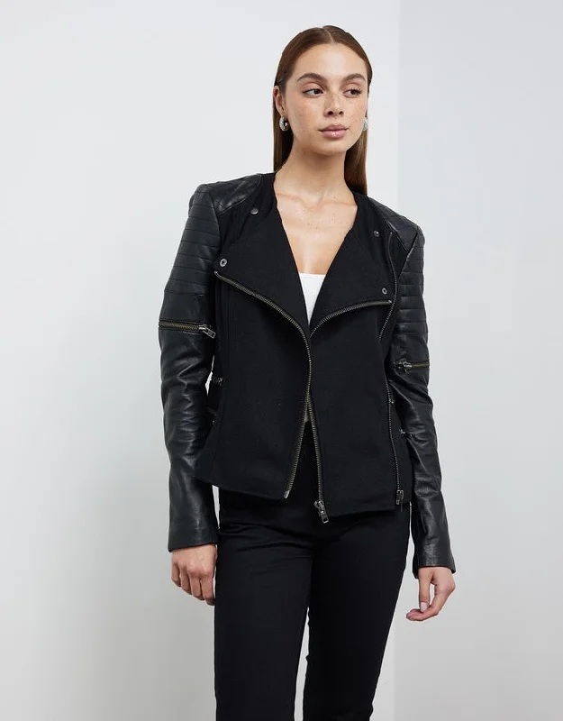 Greenwich St Motor Jacket in Black Wool & Black Leather