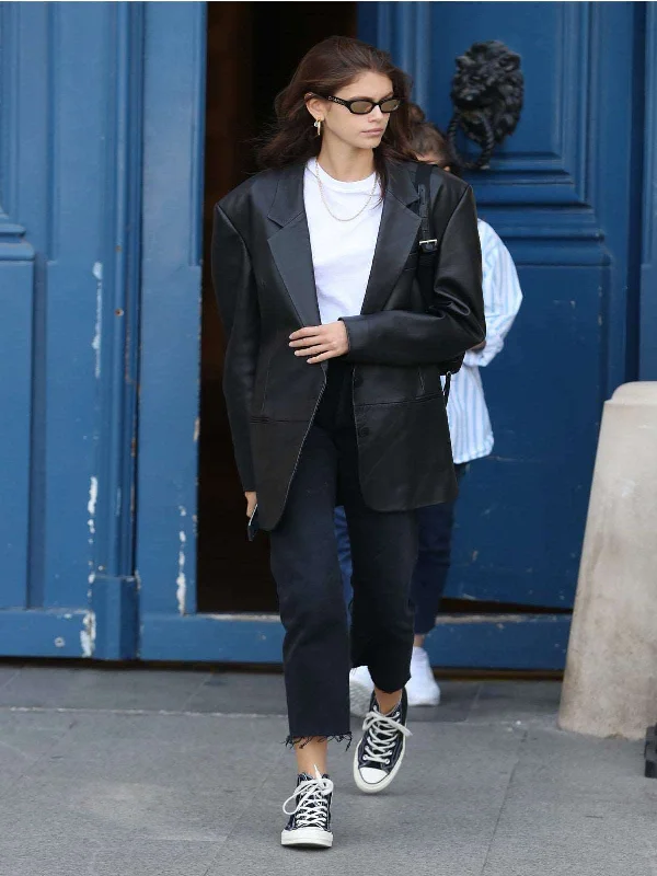 Kaia Gerber Black Casual Leather Blazer