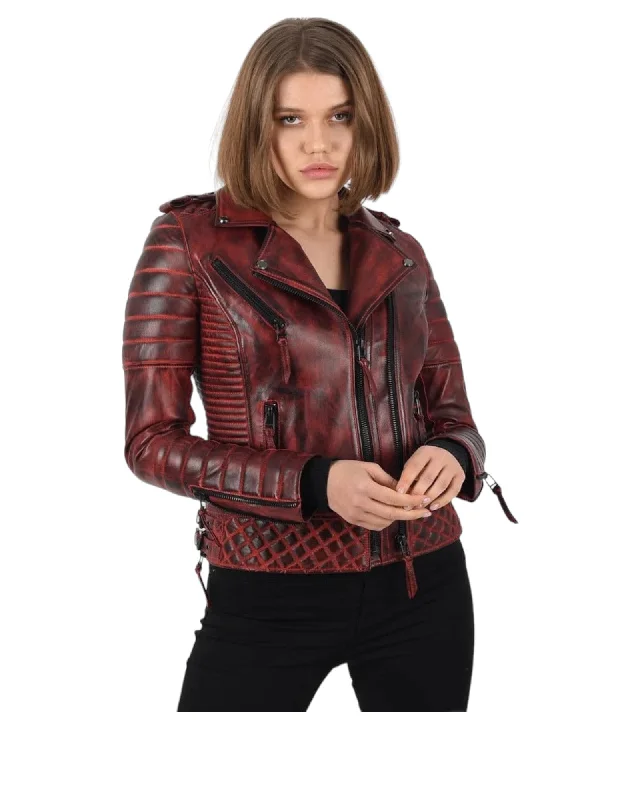 Women Burnt Red Biker Leather Jacket