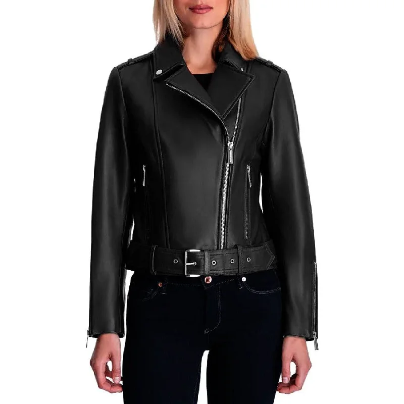 MICHAEL Michael Kors Womens Moto Genuine Leather Jacket with Belt