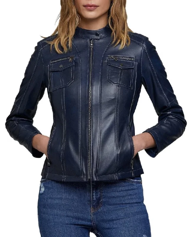 Women Navy Blue Biker Leather Jacket