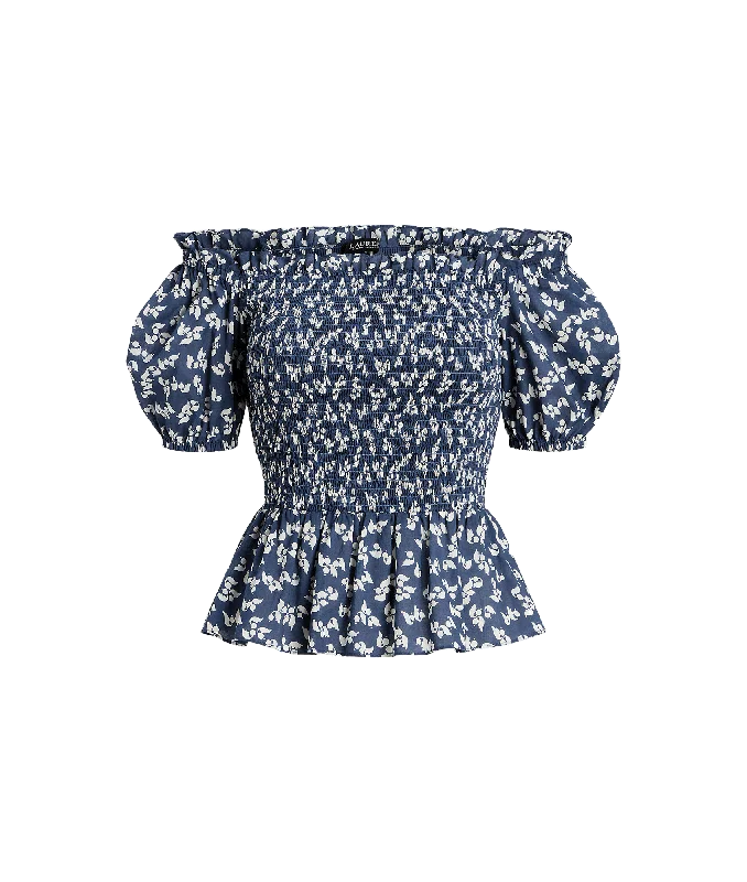 Floral Cotton Voile Peplum Blouse - Blue