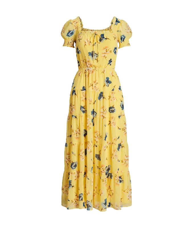 Floral Georgette Puff-sleeve Midi Dress - Yellow