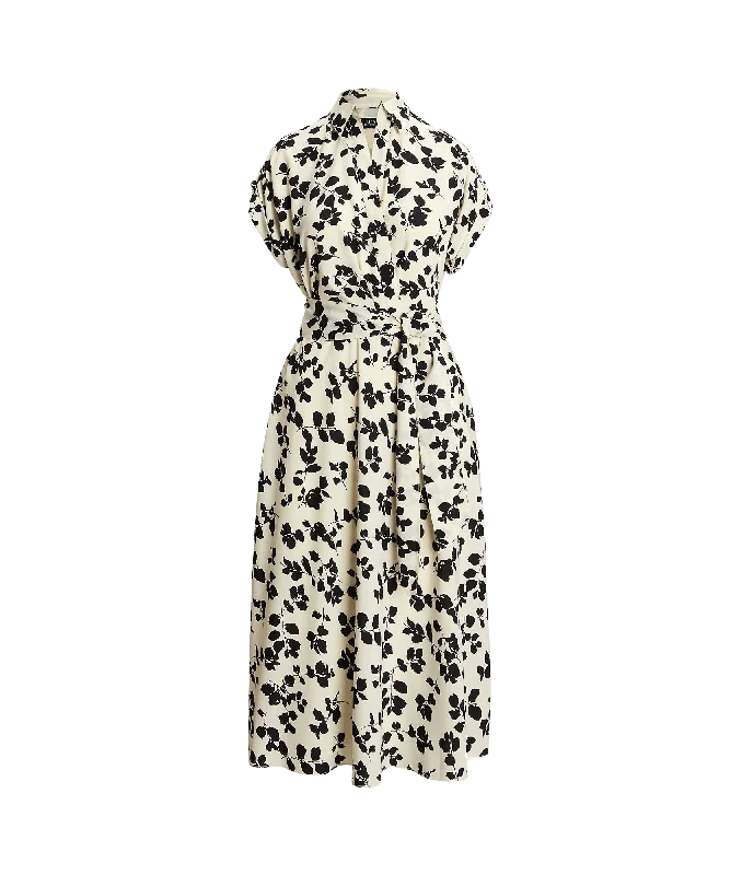 Leaf-print Belted Crepe Dress - Cream