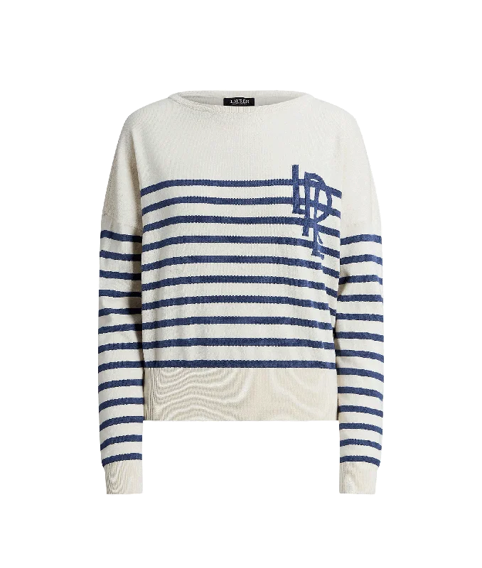 Logo Striped Cotton Boatneck Sweater - Cream