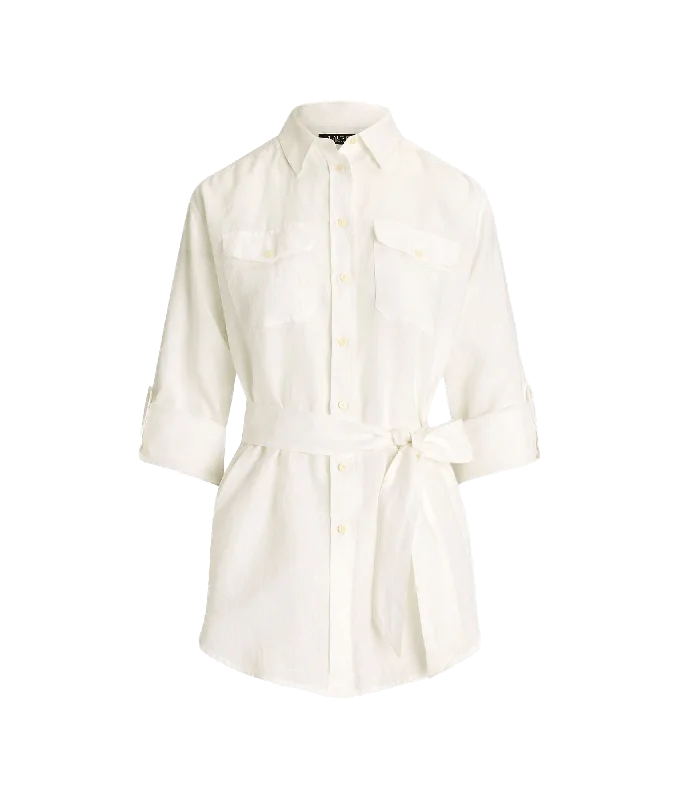 Relaxed Fit Belted Linen Shirt - White