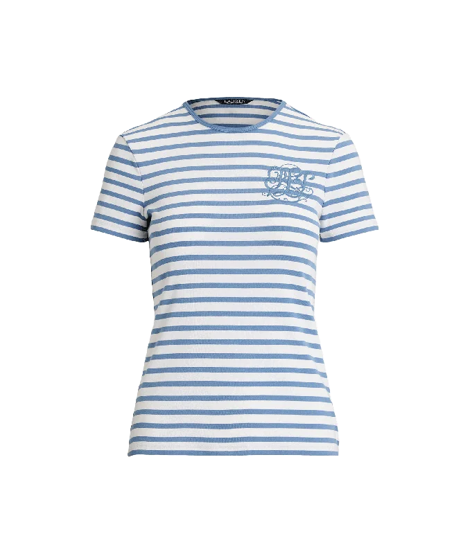 Striped Stretch Cotton Crewneck Tee - Blue