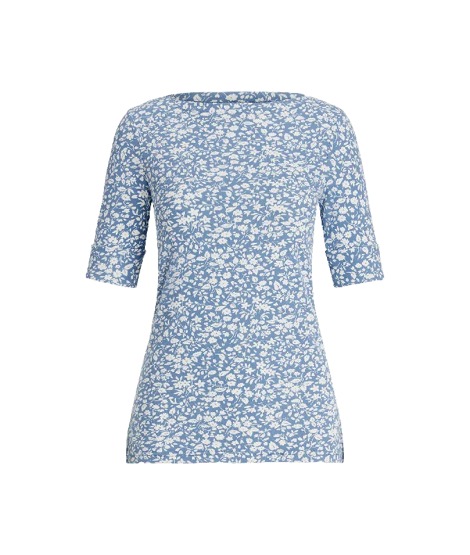 Floral Stretch Cotton Boatneck Tee - Blue