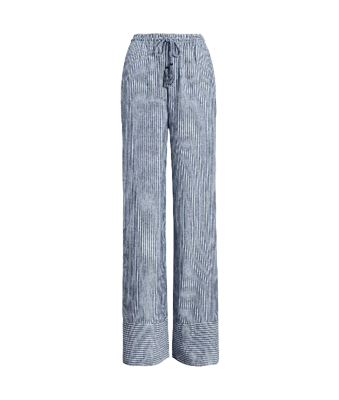 Pinstripe Linen Wide-leg Pant - Blue