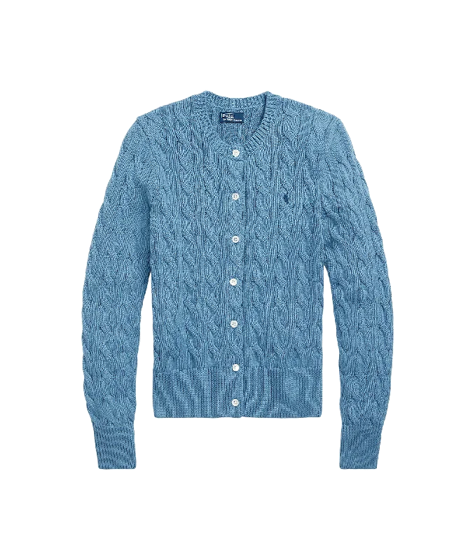 Cable-knit Cotton Crewneck Cardigan - Blue