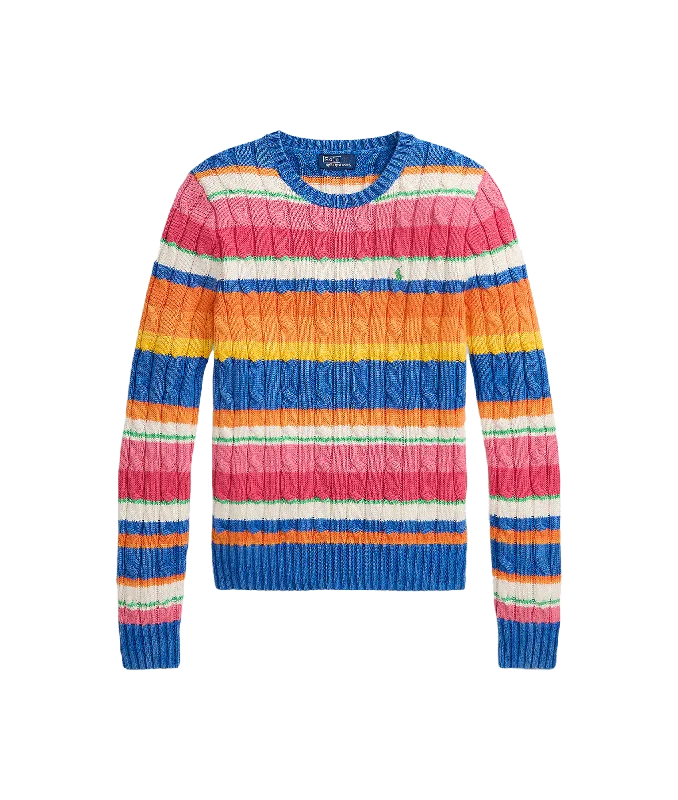 Striped Cable Cotton Crewneck Sweater - Multi