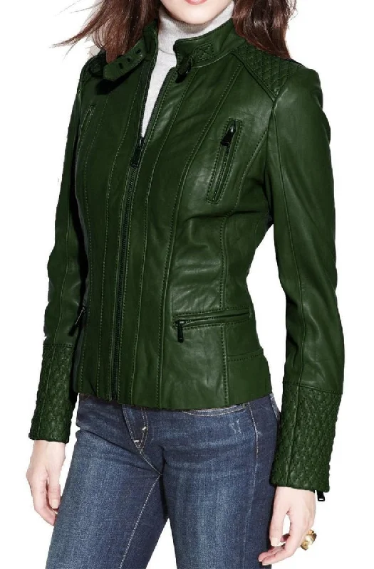 Women's Stylish Slim Fit Biker Green Leather Jacket