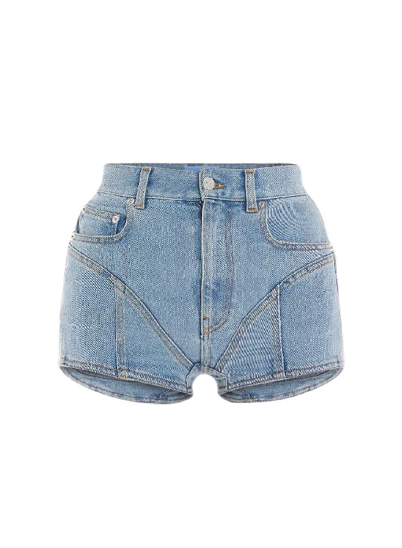 blue bi-material denim shorts