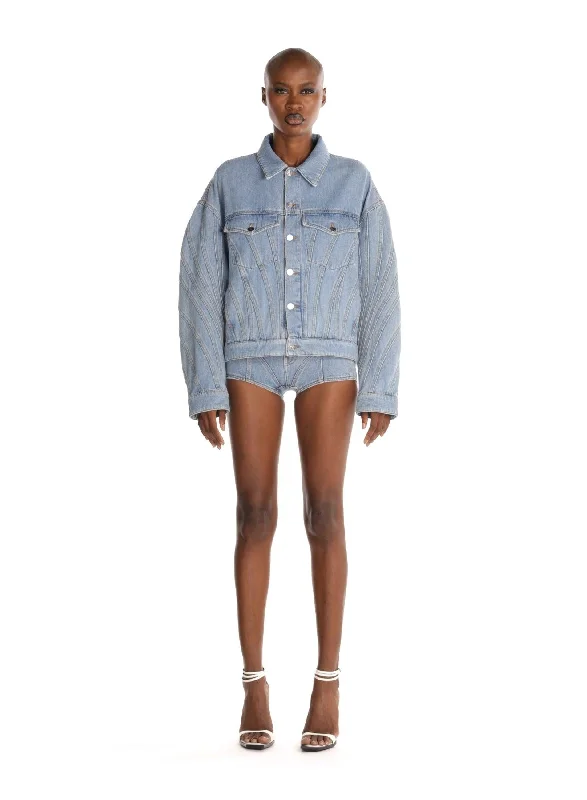 blue bi-material denim shorts