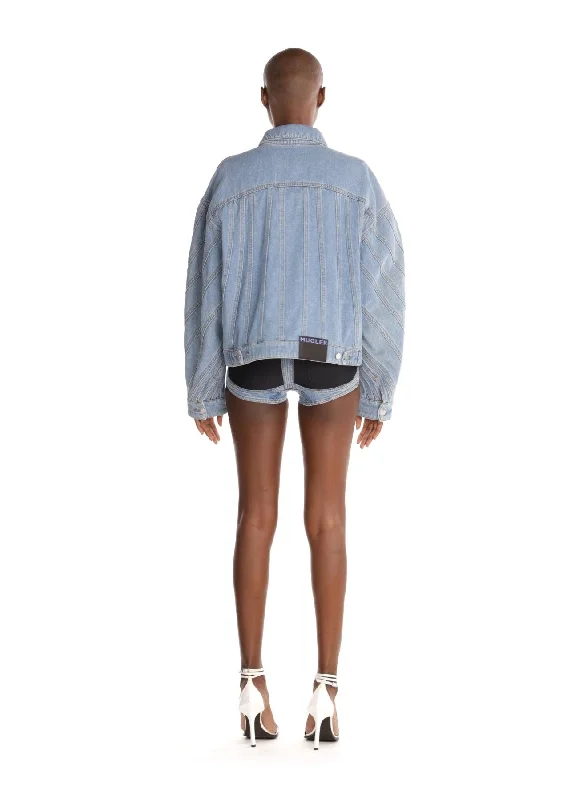 blue bi-material denim shorts