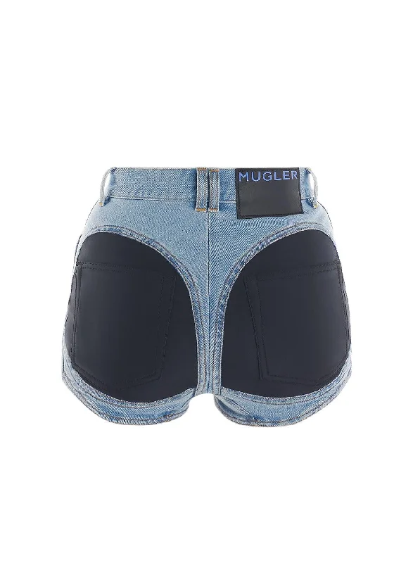 blue bi-material denim shorts