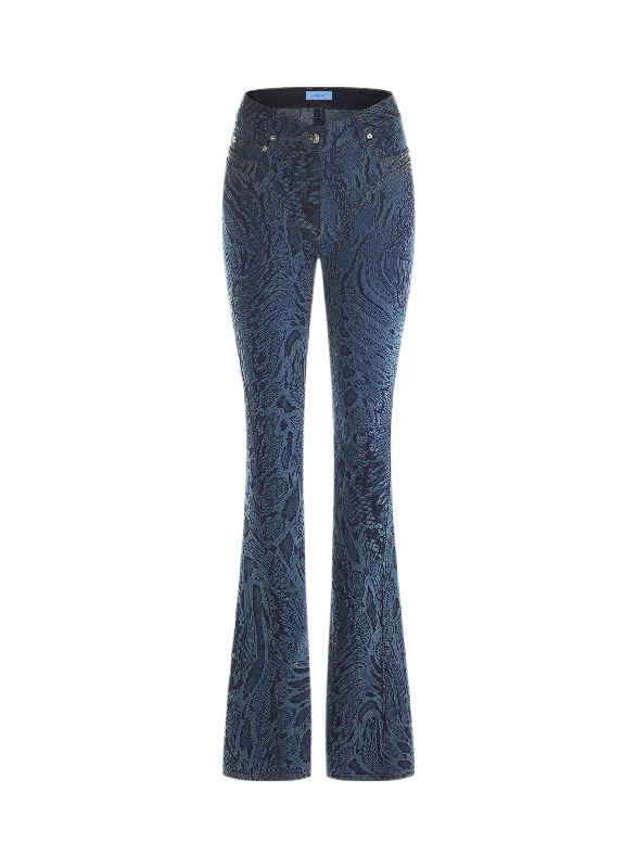 blue flared snake printed jeans