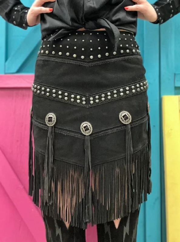 Scully Women's Black Suede Concho and Stud Fringed Skirt  L1106