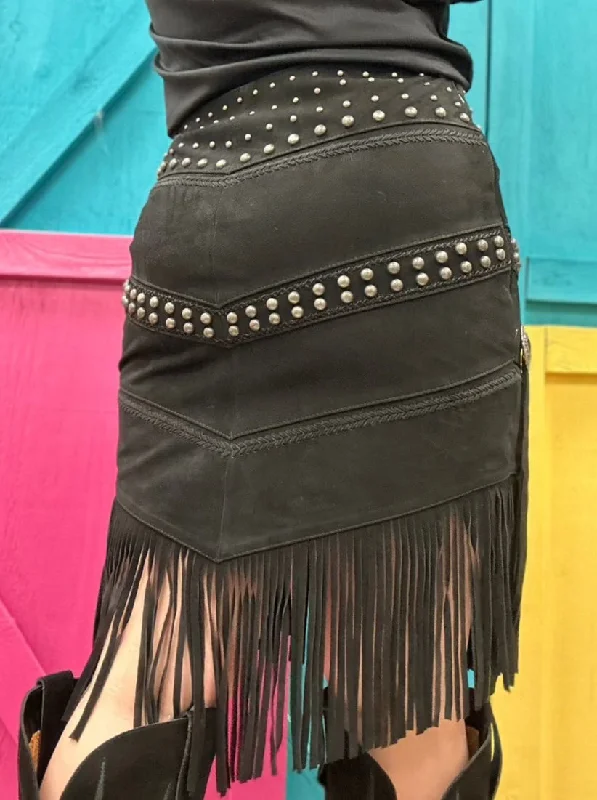 Scully Women's Black Suede Concho and Stud Fringed Skirt  L1106